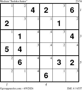 The grouppuzzles.com Medium Sudoku-Junior puzzle for Thursday April 9, 2026 with all 4 steps marked