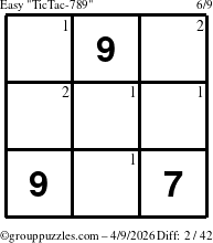 The grouppuzzles.com Easy TicTac-789 puzzle for Thursday April 9, 2026 with the first 2 steps marked