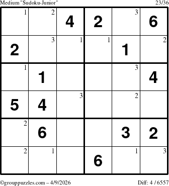 The grouppuzzles.com Medium Sudoku-Junior puzzle for Thursday April 9, 2026 with the first 3 steps marked