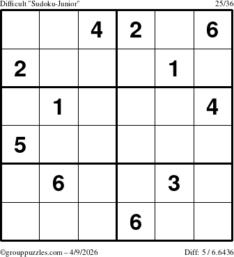 The grouppuzzles.com Difficult Sudoku-Junior puzzle for Thursday April 9, 2026