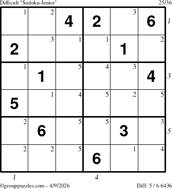 The grouppuzzles.com Difficult Sudoku-Junior puzzle for Thursday April 9, 2026, suitable for printing, with all 5 steps marked