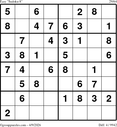The grouppuzzles.com Easy Sudoku-8 puzzle for Thursday April 9, 2026