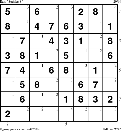 The grouppuzzles.com Easy Sudoku-8 puzzle for Thursday April 9, 2026 with all 4 steps marked