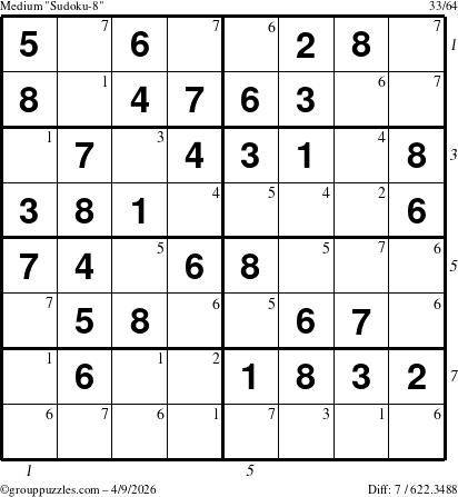 The grouppuzzles.com Medium Sudoku-8 puzzle for Thursday April 9, 2026 with all 7 steps marked