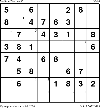 The grouppuzzles.com Medium Sudoku-8 puzzle for Thursday April 9, 2026 with the first 3 steps marked