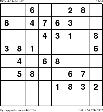 The grouppuzzles.com Difficult Sudoku-8 puzzle for Thursday April 9, 2026