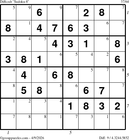 The grouppuzzles.com Difficult Sudoku-8 puzzle for Thursday April 9, 2026 with all 9 steps marked