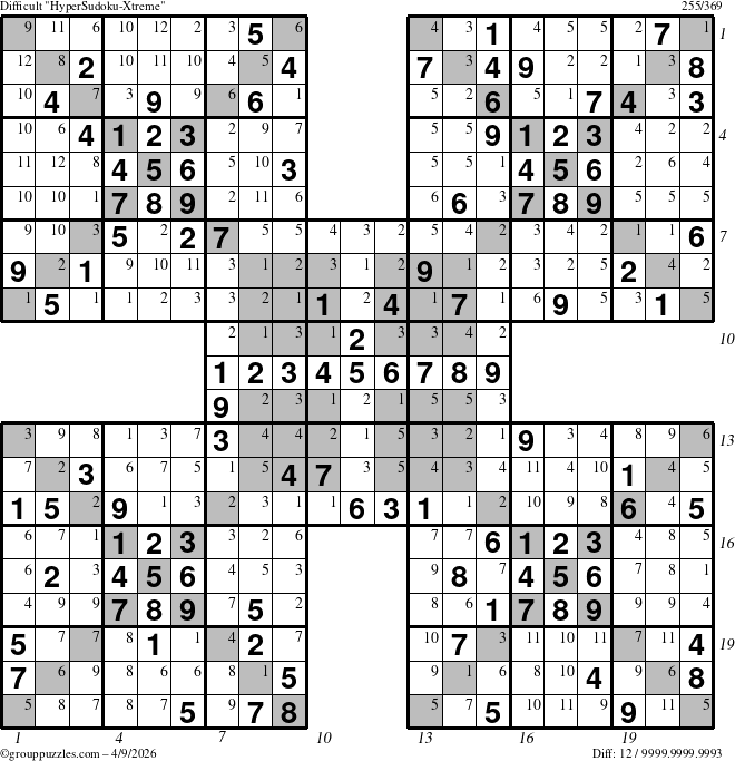 The grouppuzzles.com Difficult cover-HyperXtreme puzzle for Thursday April 9, 2026, suitable for printing, with all 12 steps marked