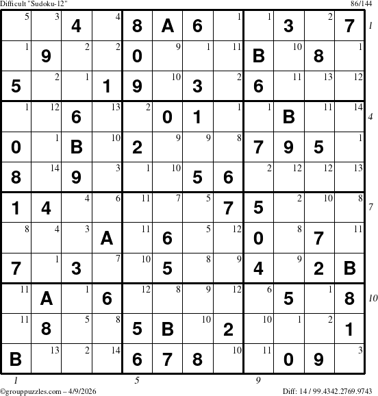The grouppuzzles.com Difficult Sudoku-12 puzzle for Thursday April 9, 2026, suitable for printing, with all 14 steps marked