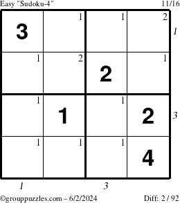 The grouppuzzles.com Easy Sudoku-4 puzzle for Sunday June 2, 2024 with all 2 steps marked