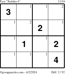 The grouppuzzles.com Easy Sudoku-4 puzzle for Sunday June 2, 2024 with the first 2 steps marked