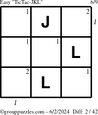 The grouppuzzles.com Easy TicTac-JKL puzzle for Sunday June 2, 2024 with all 2 steps marked