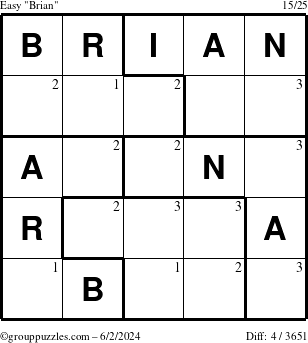 The grouppuzzles.com Easy Brian puzzle for Sunday June 2, 2024 with the first 3 steps marked