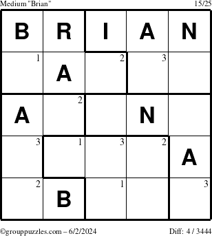 The grouppuzzles.com Medium Brian puzzle for Sunday June 2, 2024 with the first 3 steps marked