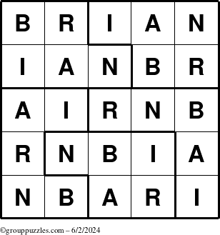 The grouppuzzles.com Answer grid for the Brian puzzle for Sunday June 2, 2024