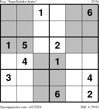 The grouppuzzles.com Easy SuperSudoku-Junior puzzle for Sunday June 2, 2024