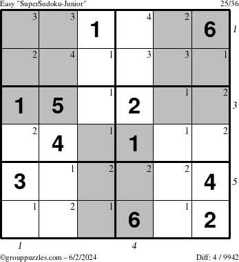 The grouppuzzles.com Easy SuperSudoku-Junior puzzle for Sunday June 2, 2024 with all 4 steps marked