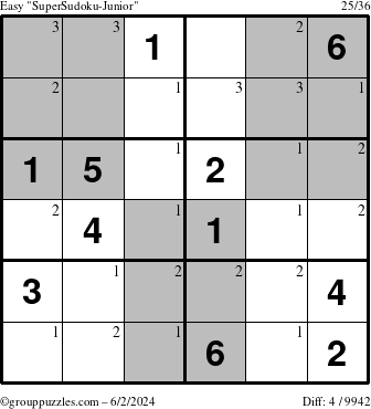 The grouppuzzles.com Easy SuperSudoku-Junior puzzle for Sunday June 2, 2024 with the first 3 steps marked