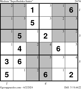 The grouppuzzles.com Medium SuperSudoku-Junior puzzle for Sunday June 2, 2024 with all 5 steps marked