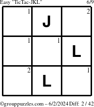 The grouppuzzles.com Easy TicTac-JKL puzzle for Sunday June 2, 2024 with the first 2 steps marked