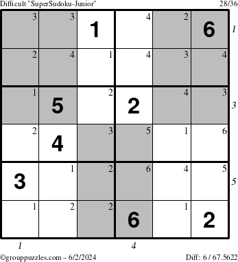 The grouppuzzles.com Difficult SuperSudoku-Junior puzzle for Sunday June 2, 2024, suitable for printing, with all 6 steps marked