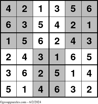 The grouppuzzles.com Answer grid for the SuperSudoku-Junior puzzle for Sunday June 2, 2024