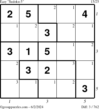 The grouppuzzles.com Easy Sudoku-5 puzzle for Sunday June 2, 2024 with all 3 steps marked