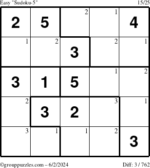 The grouppuzzles.com Easy Sudoku-5 puzzle for Sunday June 2, 2024 with the first 3 steps marked