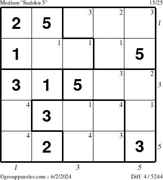 The grouppuzzles.com Medium Sudoku-5 puzzle for Sunday June 2, 2024 with all 4 steps marked