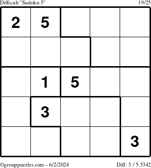 The grouppuzzles.com Difficult Sudoku-5 puzzle for Sunday June 2, 2024