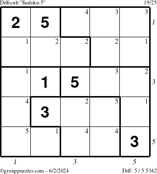 The grouppuzzles.com Difficult Sudoku-5 puzzle for Sunday June 2, 2024 with all 5 steps marked