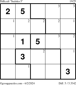 The grouppuzzles.com Difficult Sudoku-5 puzzle for Sunday June 2, 2024 with the first 3 steps marked