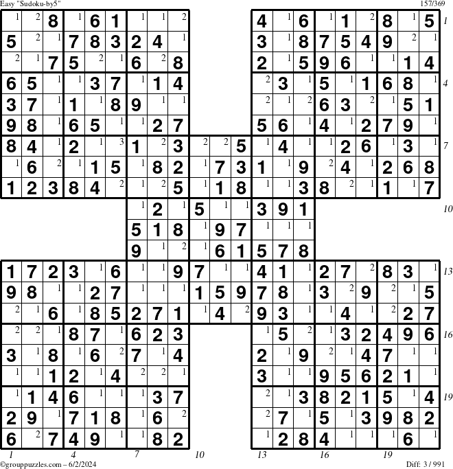 The grouppuzzles.com Easy Sudoku-by5 puzzle for Sunday June 2, 2024 with all 3 steps marked