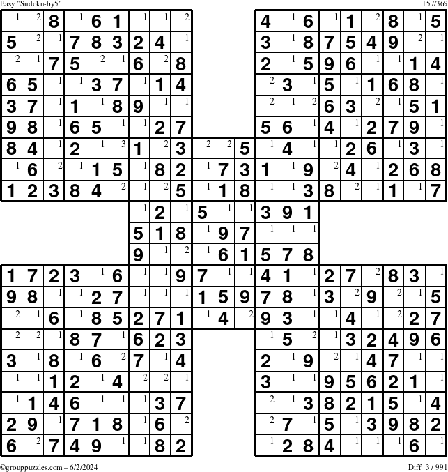 The grouppuzzles.com Easy Sudoku-by5 puzzle for Sunday June 2, 2024 with the first 3 steps marked