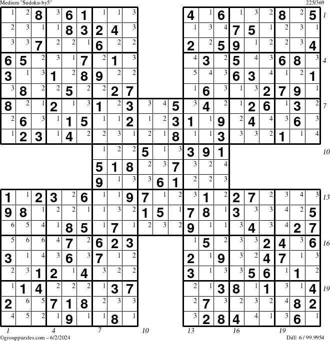 The grouppuzzles.com Medium Sudoku-by5 puzzle for Sunday June 2, 2024 with all 6 steps marked