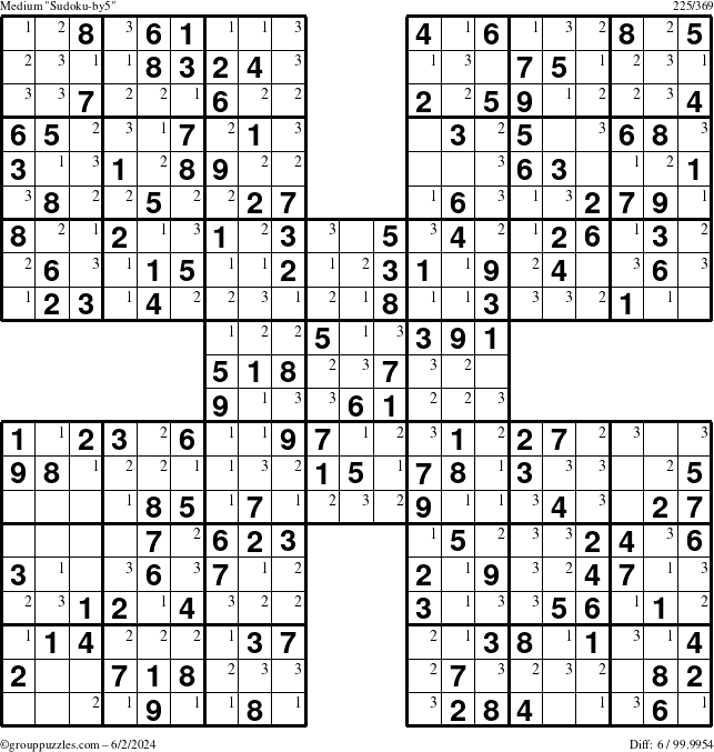 The grouppuzzles.com Medium Sudoku-by5 puzzle for Sunday June 2, 2024 with the first 3 steps marked