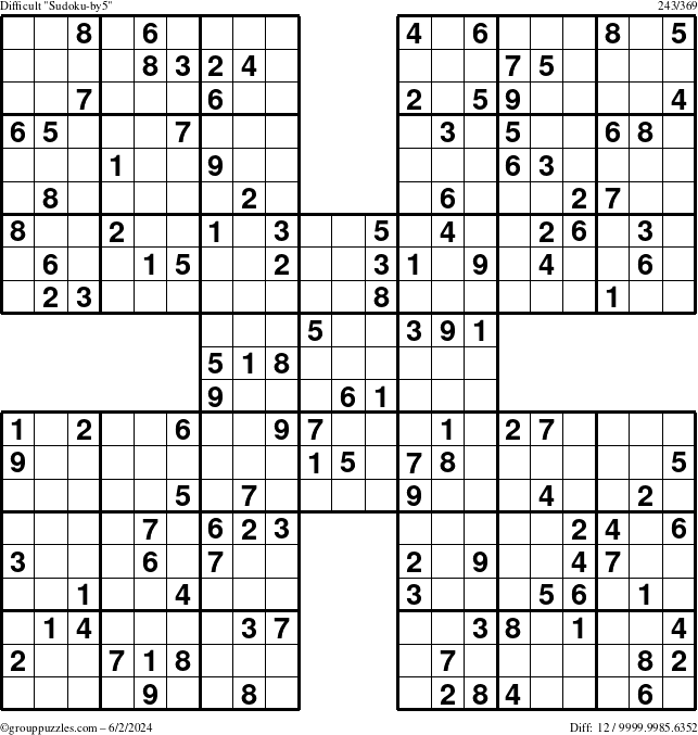 The grouppuzzles.com Difficult Sudoku-by5 puzzle for Sunday June 2, 2024