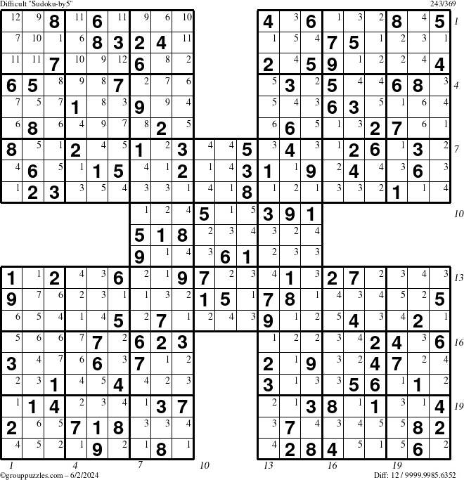 The grouppuzzles.com Difficult Sudoku-by5 puzzle for Sunday June 2, 2024 with all 12 steps marked