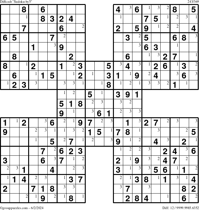 The grouppuzzles.com Difficult Sudoku-by5 puzzle for Sunday June 2, 2024 with the first 3 steps marked