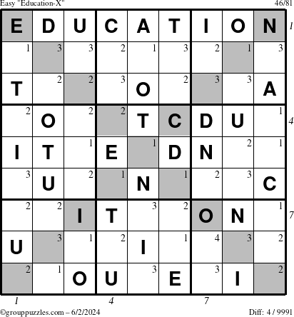 The grouppuzzles.com Easy Education-X puzzle for Sunday June 2, 2024 with all 4 steps marked