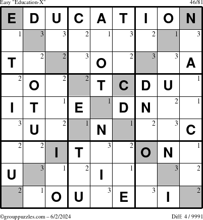 The grouppuzzles.com Easy Education-X puzzle for Sunday June 2, 2024 with the first 3 steps marked