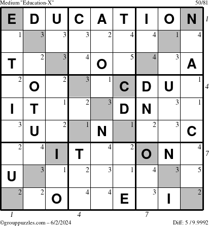 The grouppuzzles.com Medium Education-X puzzle for Sunday June 2, 2024 with all 5 steps marked