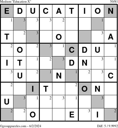 The grouppuzzles.com Medium Education-X puzzle for Sunday June 2, 2024 with the first 3 steps marked