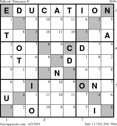 The grouppuzzles.com Difficult Education-X puzzle for Sunday June 2, 2024 with all 11 steps marked