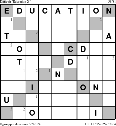 The grouppuzzles.com Difficult Education-X puzzle for Sunday June 2, 2024 with the first 3 steps marked