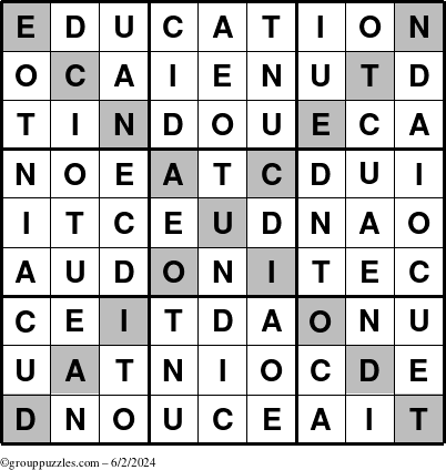 The grouppuzzles.com Answer grid for the Education-X puzzle for Sunday June 2, 2024