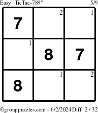 The grouppuzzles.com Easy TicTac-789 puzzle for Sunday June 2, 2024 with the first 2 steps marked