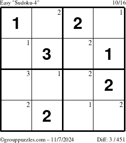 The grouppuzzles.com Easy Sudoku-4 puzzle for Thursday November 7, 2024 with the first 3 steps marked