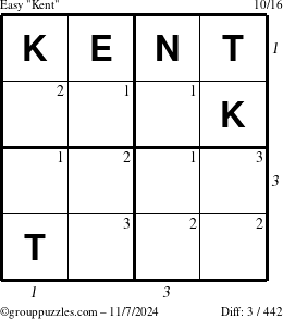 The grouppuzzles.com Easy Kent puzzle for Thursday November 7, 2024 with all 3 steps marked