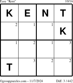 The grouppuzzles.com Easy Kent puzzle for Thursday November 7, 2024 with the first 3 steps marked